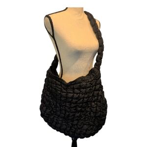 Plush Quilted Braided-Handle Shoulder Bag - Black